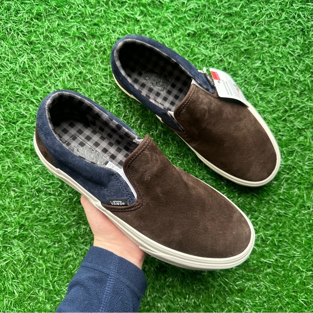Vans Classic Slip On Pig Suede Plaid Brown Navy - Picture 4 of 10